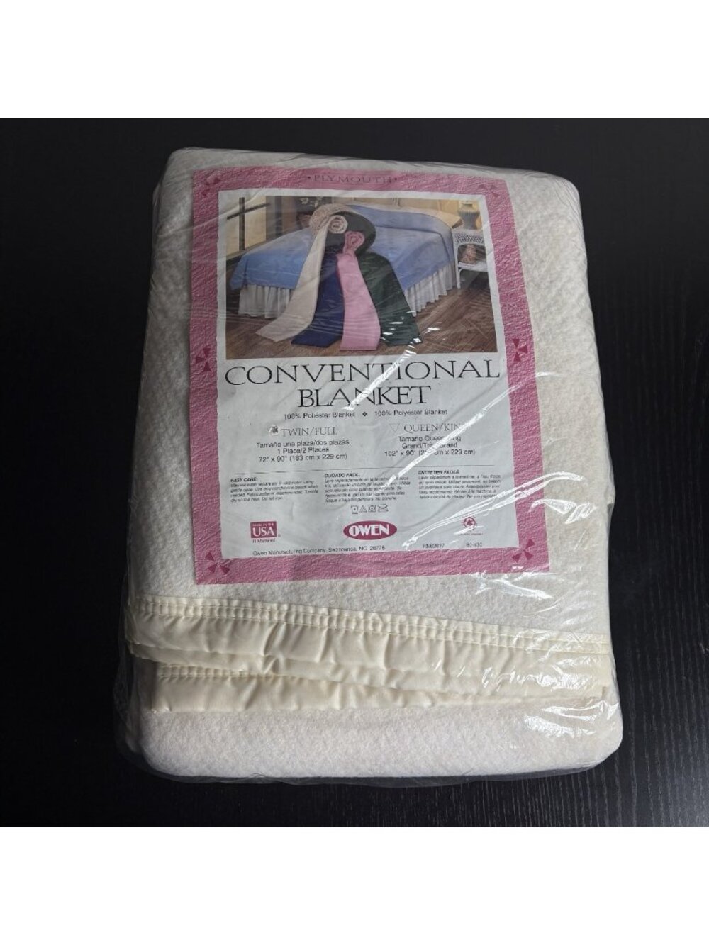 Vintage 80s OWEN Conventional Twin/Full Blanket Ivory/Cream w/Binding NEW